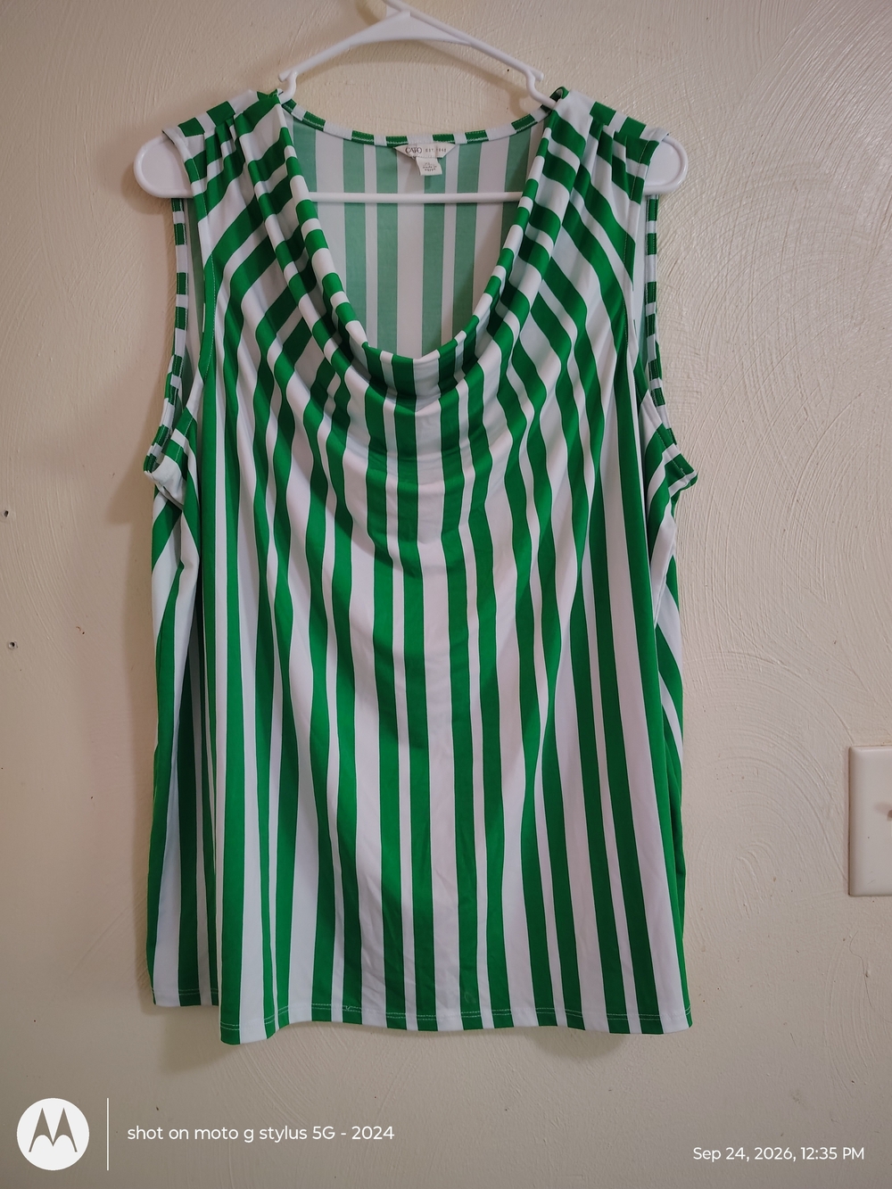 Cato Green and White Vertical Stripe Sleeveless Cowl Top